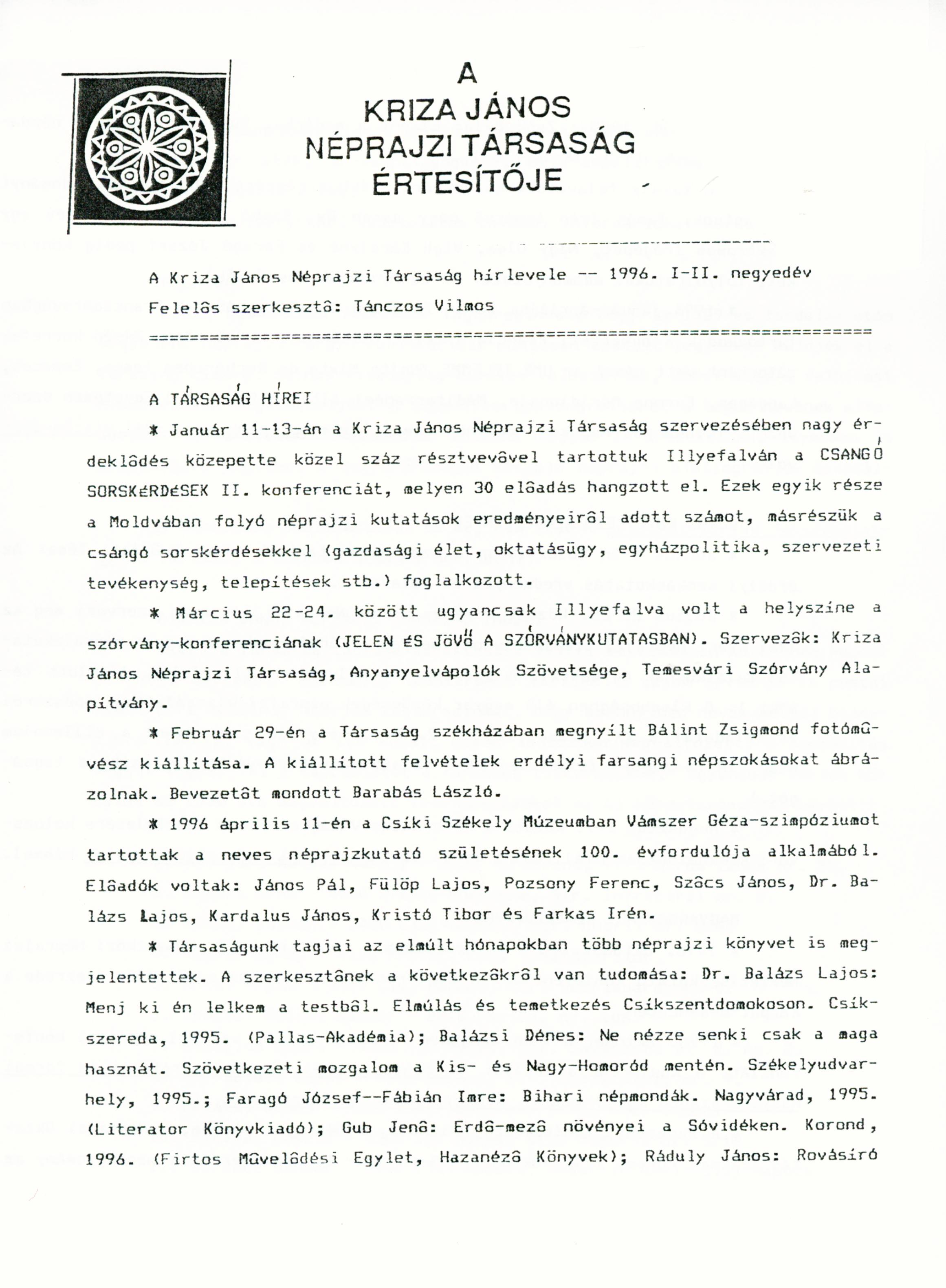 [Bulletin of the Kriza János Etnographic Society. Vol. VI. Nr. 1–2.] A Kriza János Néprajzi Társaság Értesítője. VI. évf. 1–2. sz.