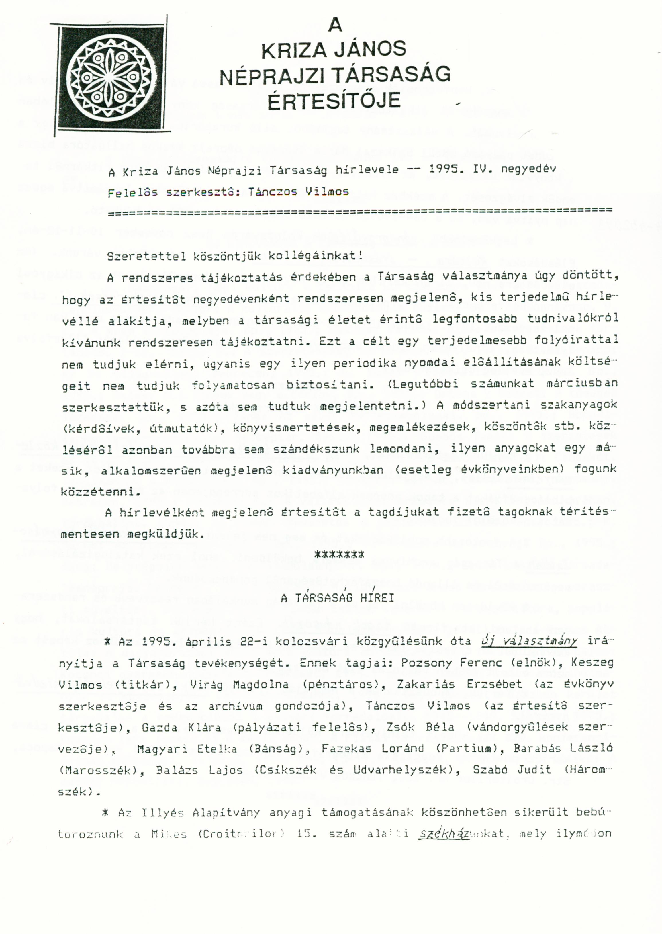 [Bulletin of the Kriza János Ethnographic Society. Vol. V. Nr. 4.] A Kriza János Néprajzi Társaság Értesítője. V. évf. 4. sz.