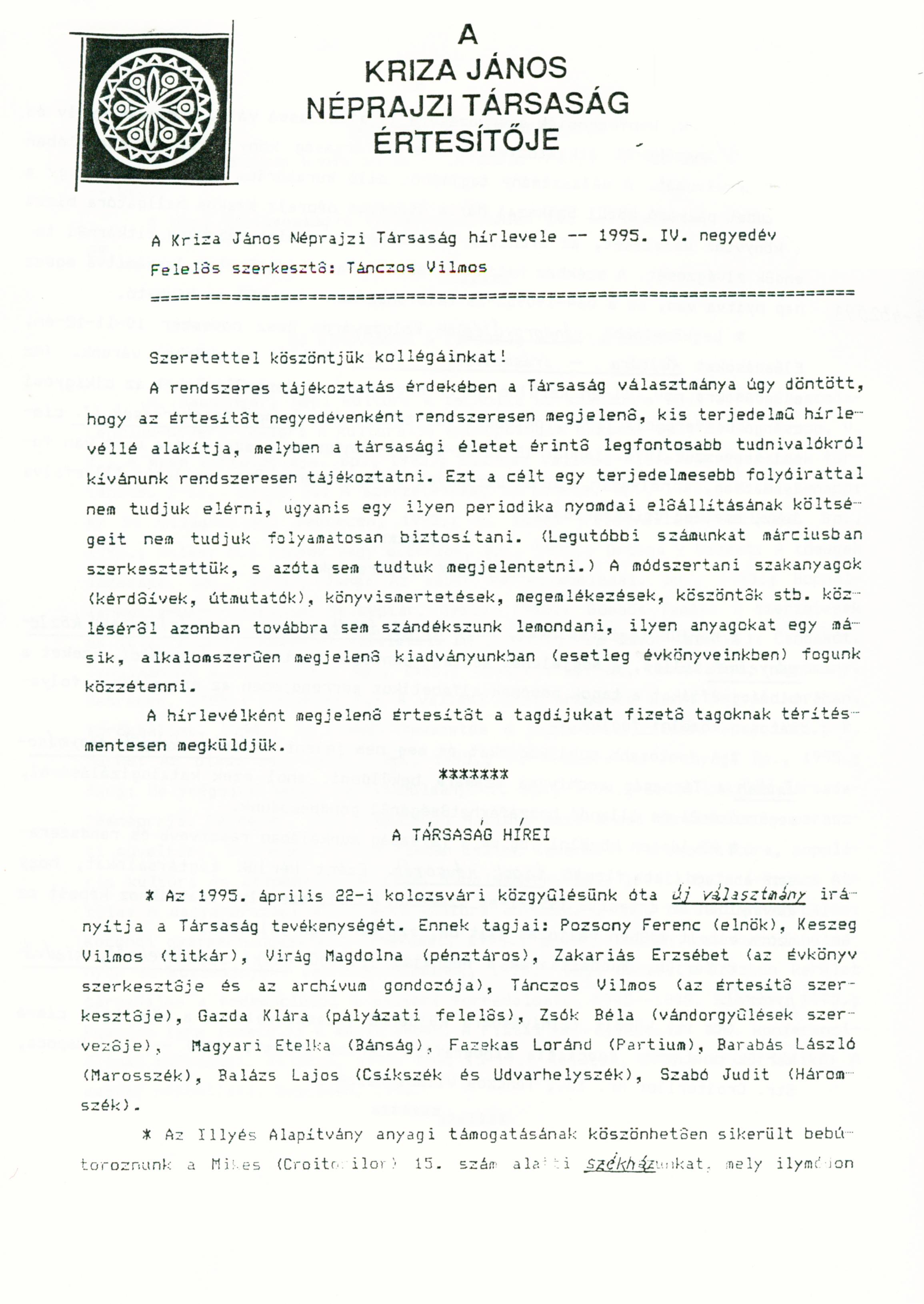 [Bulletin of the Kriza János Etnographic Society. Vol. V. Nr. 4.] A Kriza János Néprajzi Társaság Értesítője. V. évf. 4. sz.